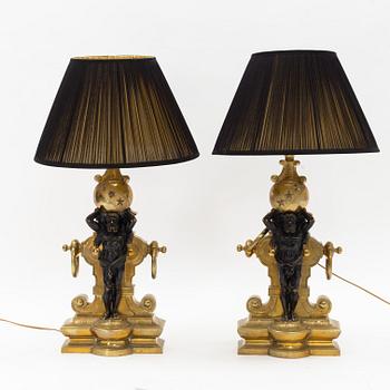 A pair of brass table lamps from around the year 1900.