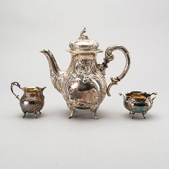 KAFFESERVIS, 3 delar, silver,  rokokostil.