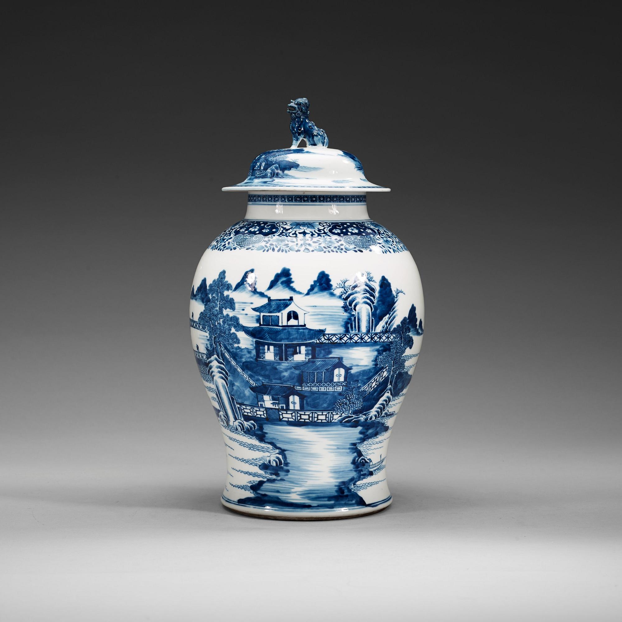 A blue and white jar with cover, Qing dynasty, Jiaqing (1796-1820).