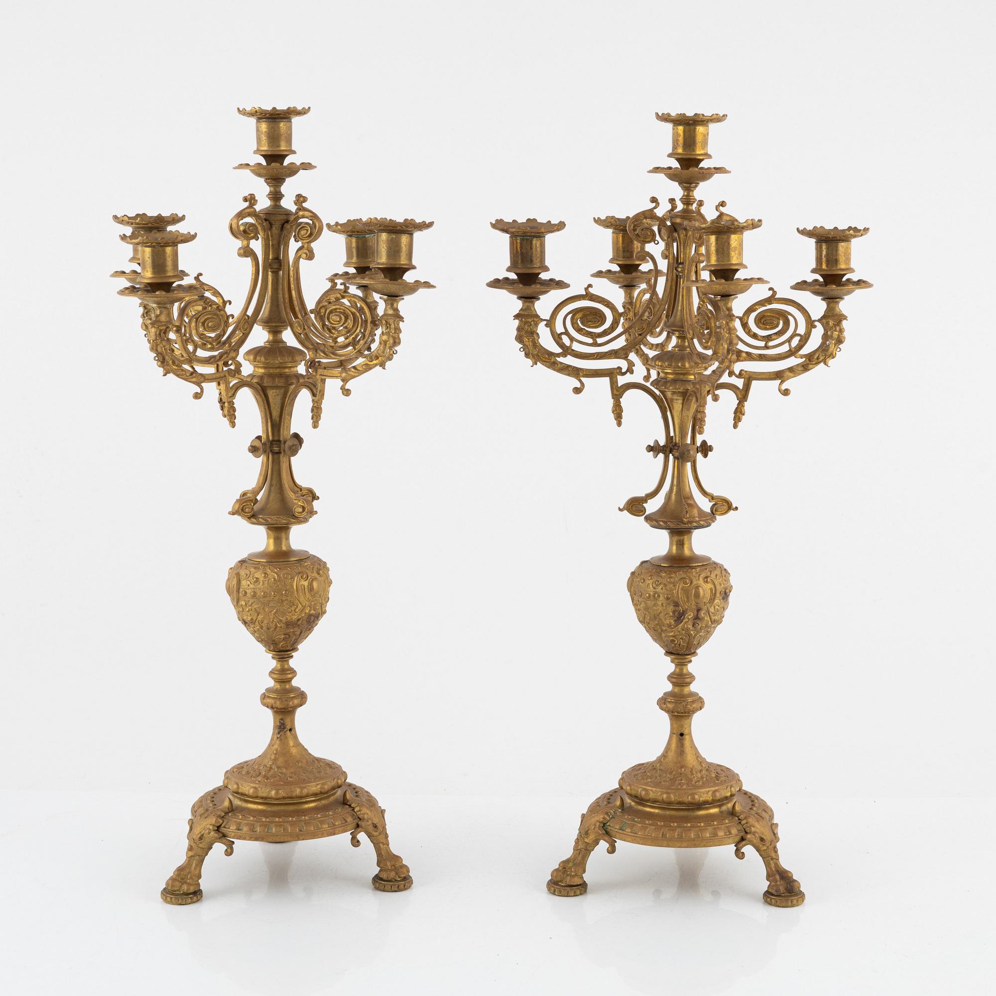 Kandelabrar, ett par, för fem ljus, 1800-talets andra hälft.