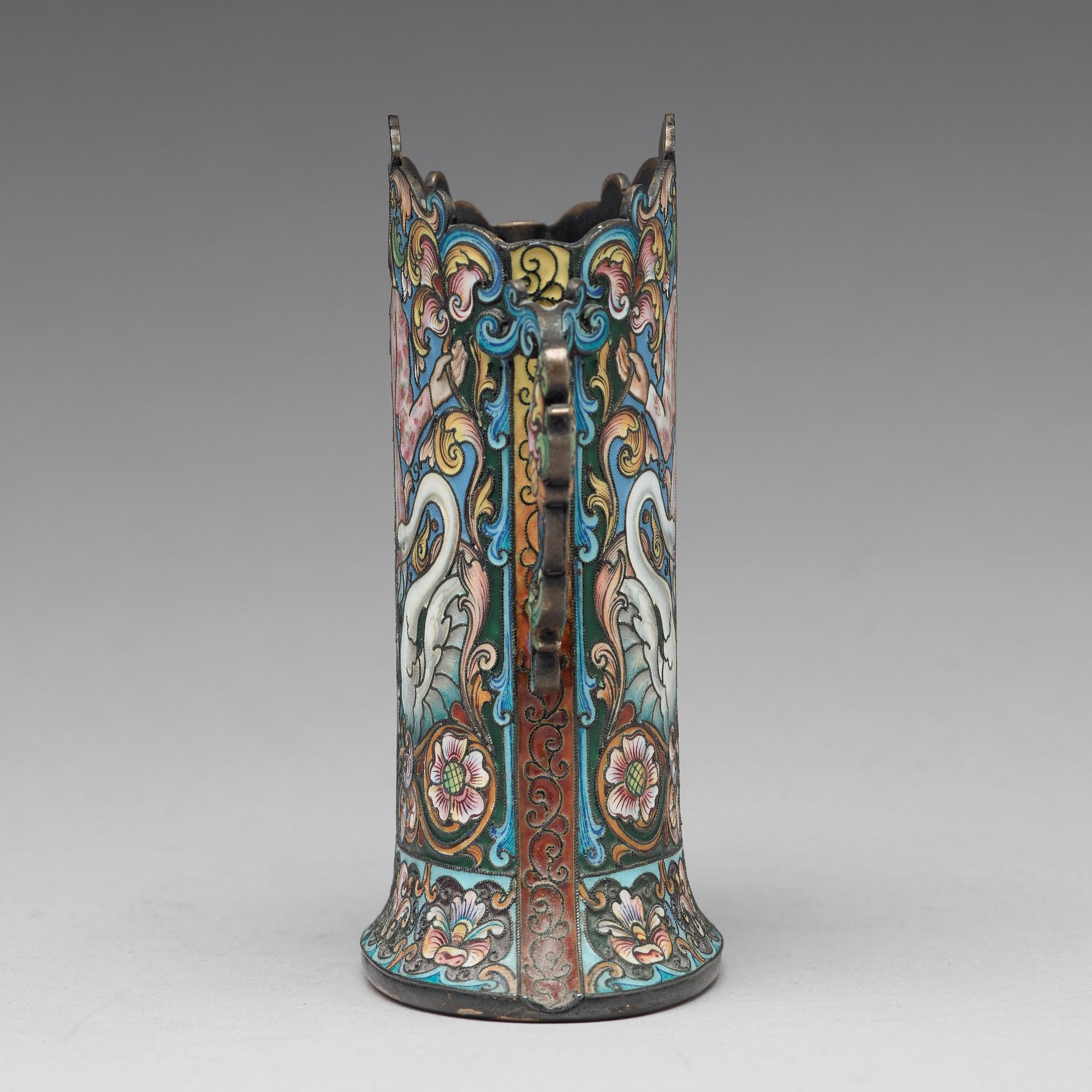 A Feodor Rückert silver and cloisonné enamled vase, Moscow 1899-1908.
