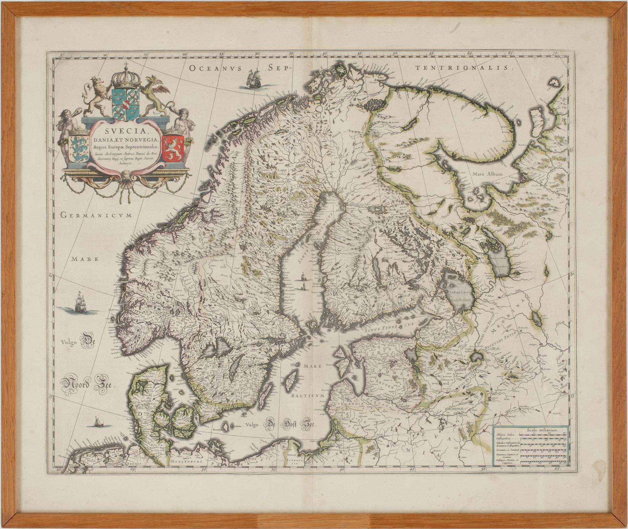 KARTA, handkolorerad, Andreae Buraei de Boo, efter, "Svecia, Dania et Norvegia, (1571-1646). 1700-tal.