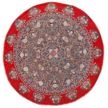 831. EMBROIDERY, ALMOST ROUND. Antique Rascht Embroidery. Persia (Iran). Diameter 196,5-203 cm.