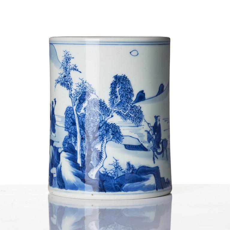 A blue and white 'scholar in a landscape' brushpot, bitong, Qing dynasty, Kangxi (1662-1722).