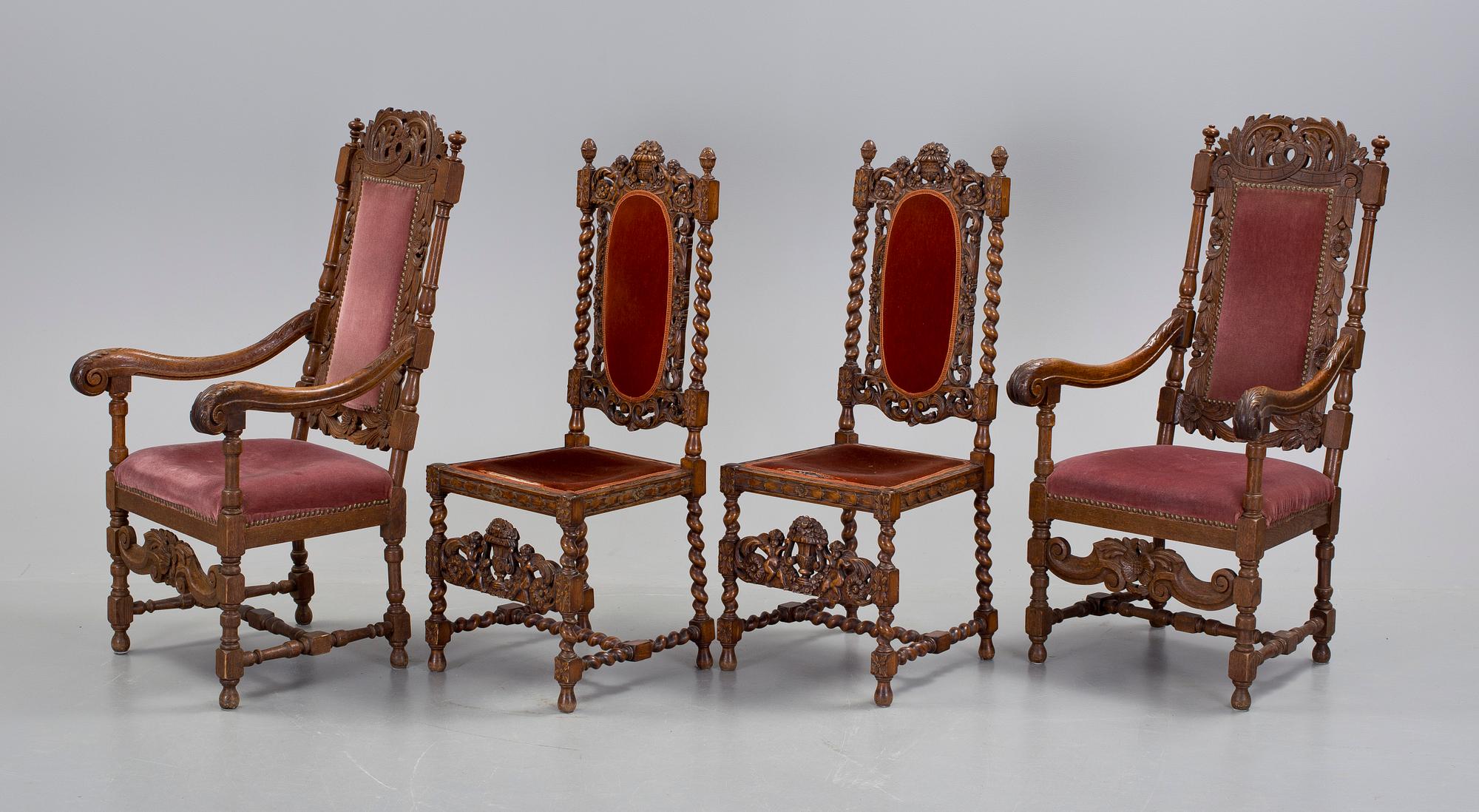 KARMSTOLAR och STOLAR, 2+2 st, barockstil, sent 1800 resp 1900-tal.