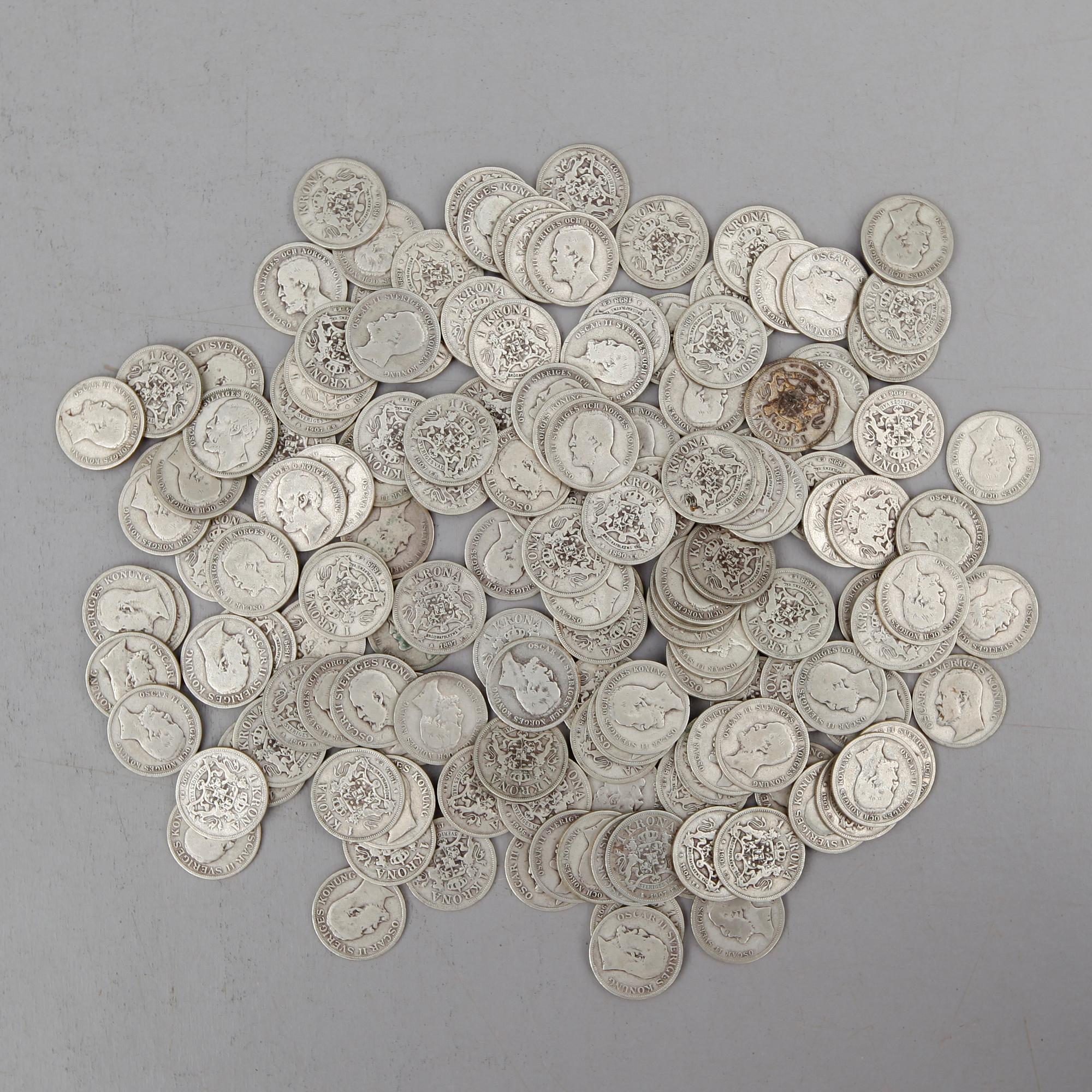 SAMLING SILVERMYNT, enkronor, Oscar II 1875-1910. Total vikt ca 1080 gram.