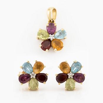 Earrings and pendant, 18K gold with peridot, topaz, amethyst, and small diamonds among others.