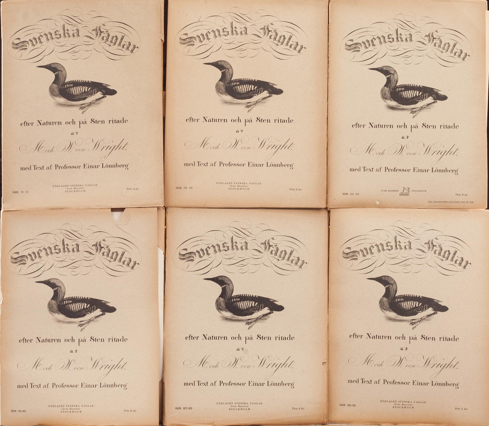 M o W VON WRIGHT, "Svenska fåglar", ca 50 häften, Ivar Baarsens förlag, Stockholm, 1910-1920-tal.