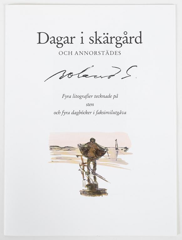 Roland Svensson, kasett med 4 färglitografier, signerade 166/400 samt fyra dagböcker i faksimil, 1990.