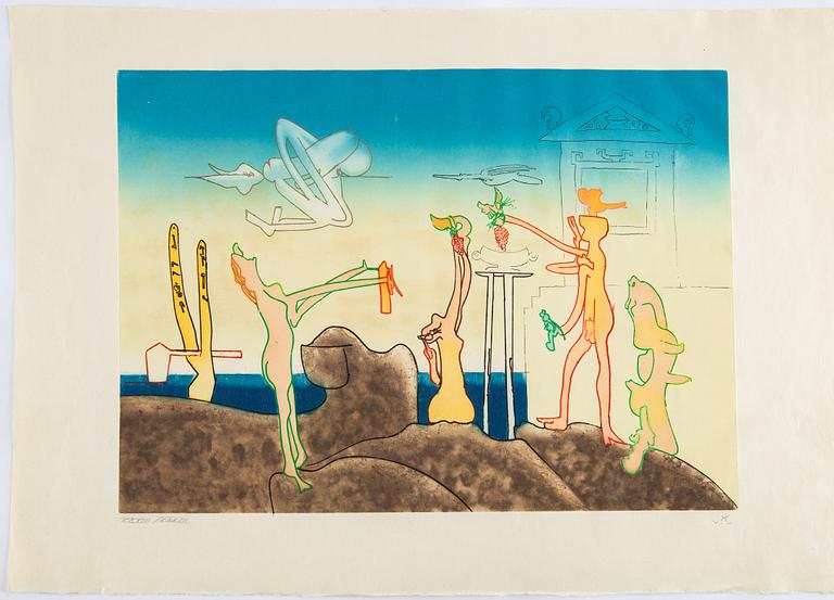 Roberto Matta, portfölj med 9  färgakvatinter (av ursprungligen 10), 1975, samtliga signerade och numr XXIIIV/XXXII.
