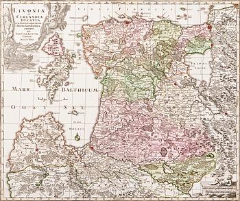 547. KARTA, Livoniae, G. Lotter, Augsburg, 1700-talets andra hälft.