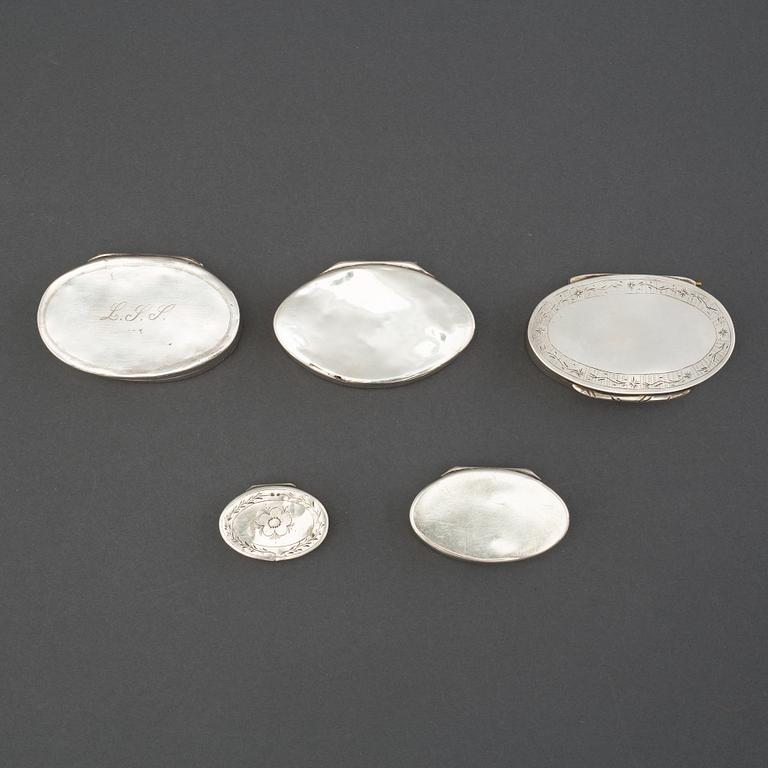 A set of five swedish silver boxes, mid 19th century.