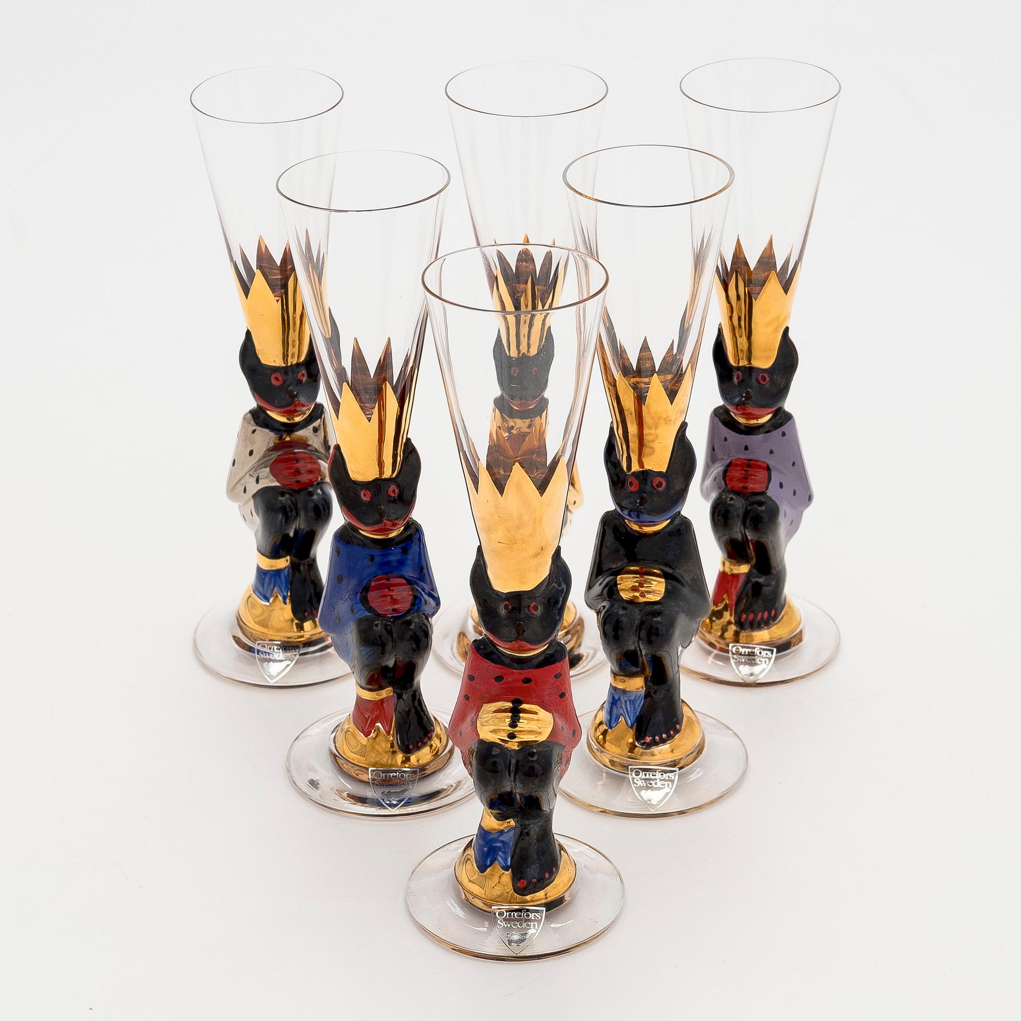 Gunnar Cyrén, snapsilaseja, 6 kpl, ns. "Djävulsglas" (paholaislasi), Nobel-astiastosta, Orrefors.