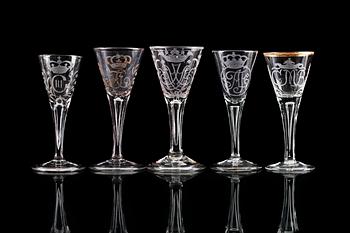 1308A. A group of five odd engraved wine glasses, 18th Century.