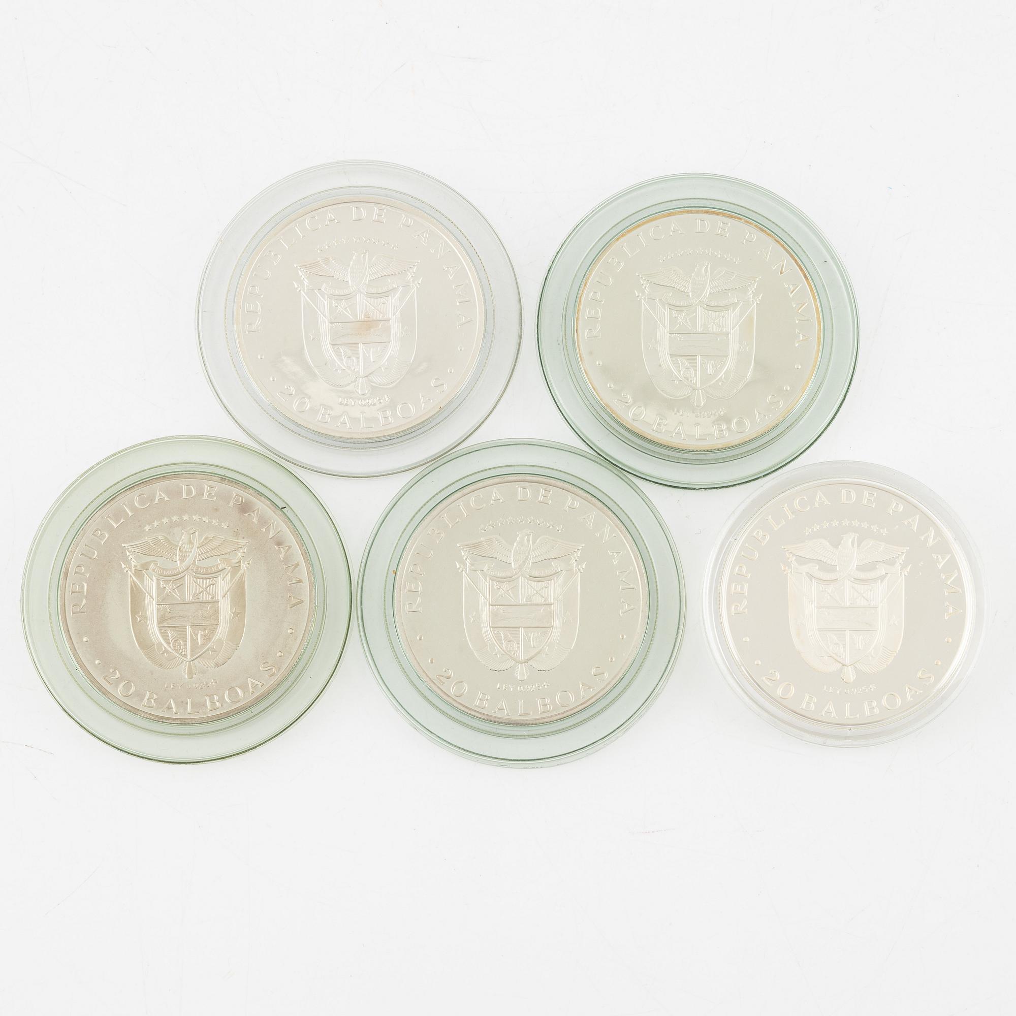 Silvermynt, 5 st, 20 Balboas, Republica de Panama, 1971, 1972, 1973, 1974, 1975.