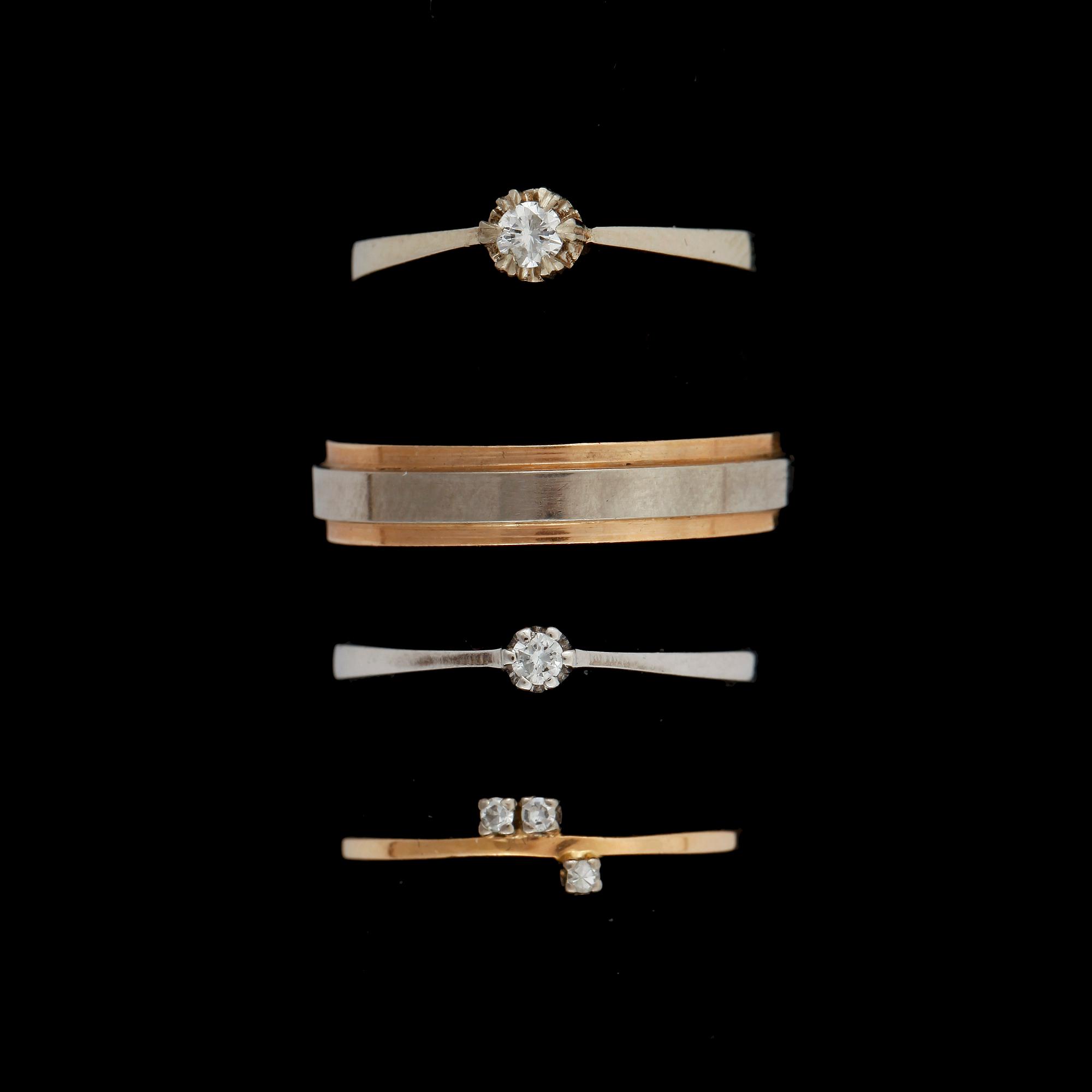 RINGAR, 4st, 18k rött resp vitguld med diamanter. Totalvikt 9g.
