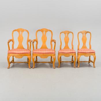 A pair of rococo-style chairs and a pair of armchairs, late 20th century.