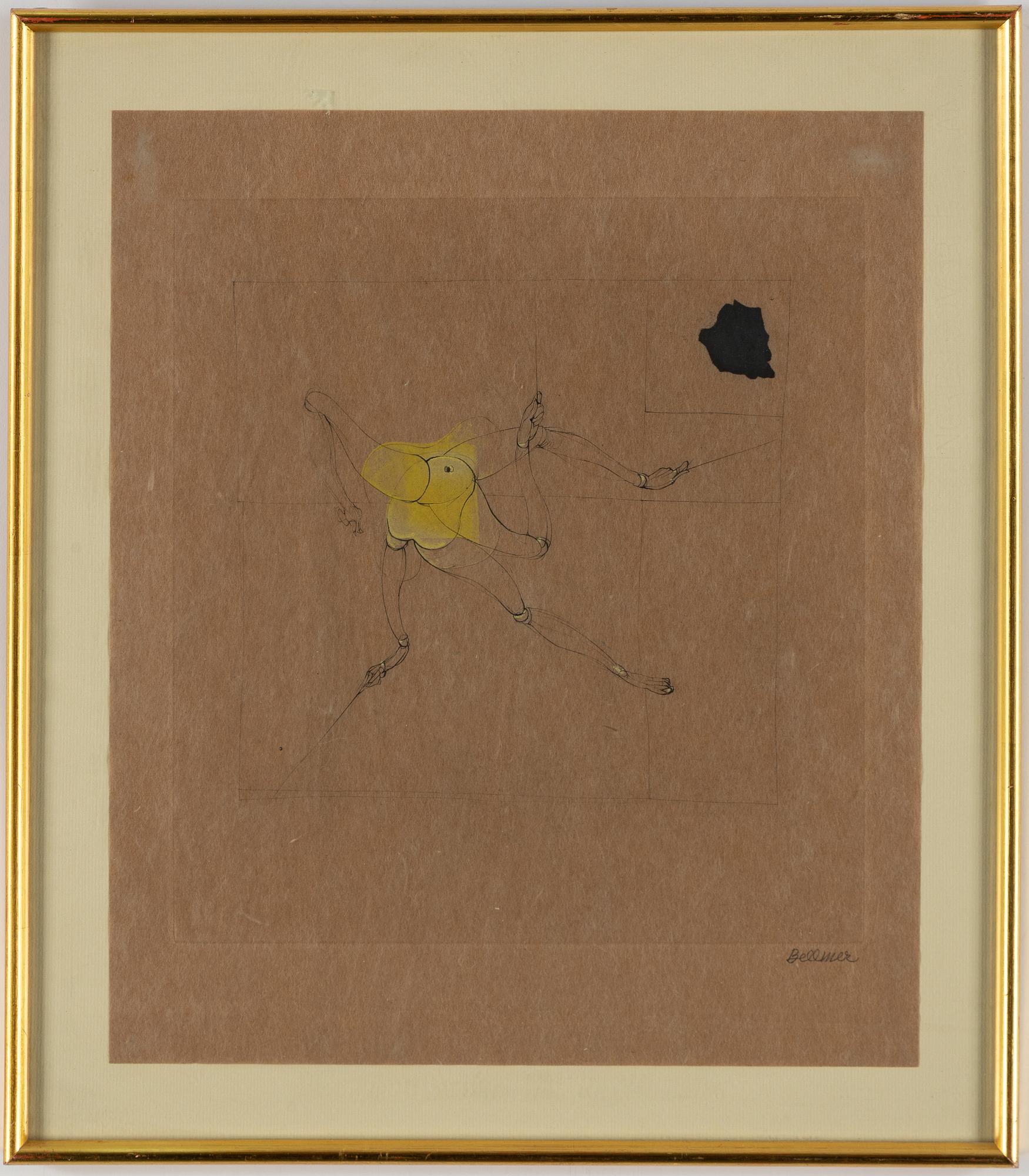 HANS BELLMER, torrnål och akvarell på brunt papper, 1969, signerad med blyerts.