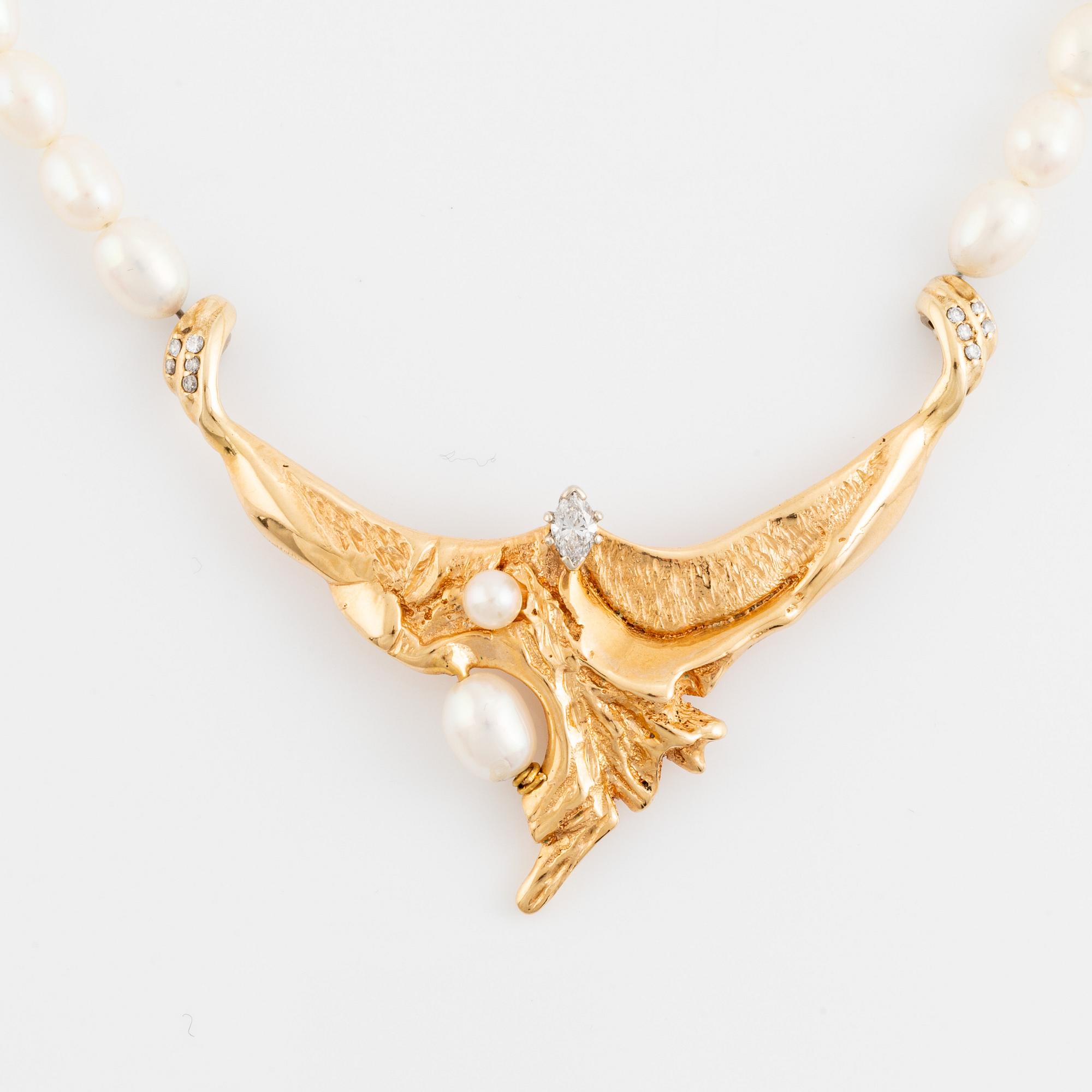 Cultured freshwater pearl necklace, with navette cut diamond and brilliant cut diamonds.