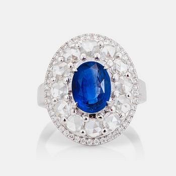 A 2.51ct sapphire and 1.34ct rose and brilliant-cut diamond ring.