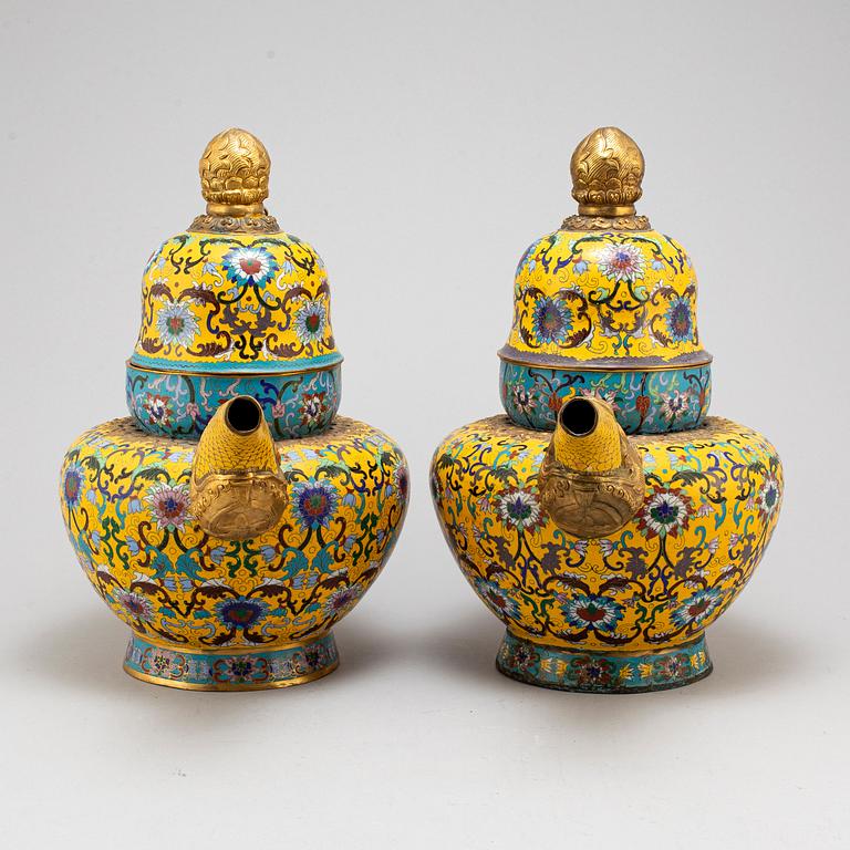 A pair of large cloisonne tea pots with covers, China, second half of the 20th Century.