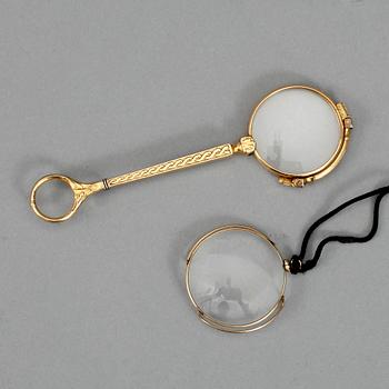 LORGNETTE SAMT MONOKEL, 2 st, omkring år 1900.