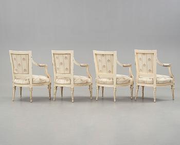 A set of four Gustavian late 18th century armchairs.