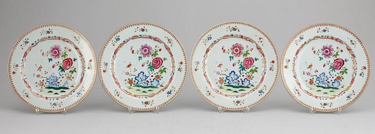 A set of four famille rose dinner plates, Qing dynasty, Qianlong (1736-95).
