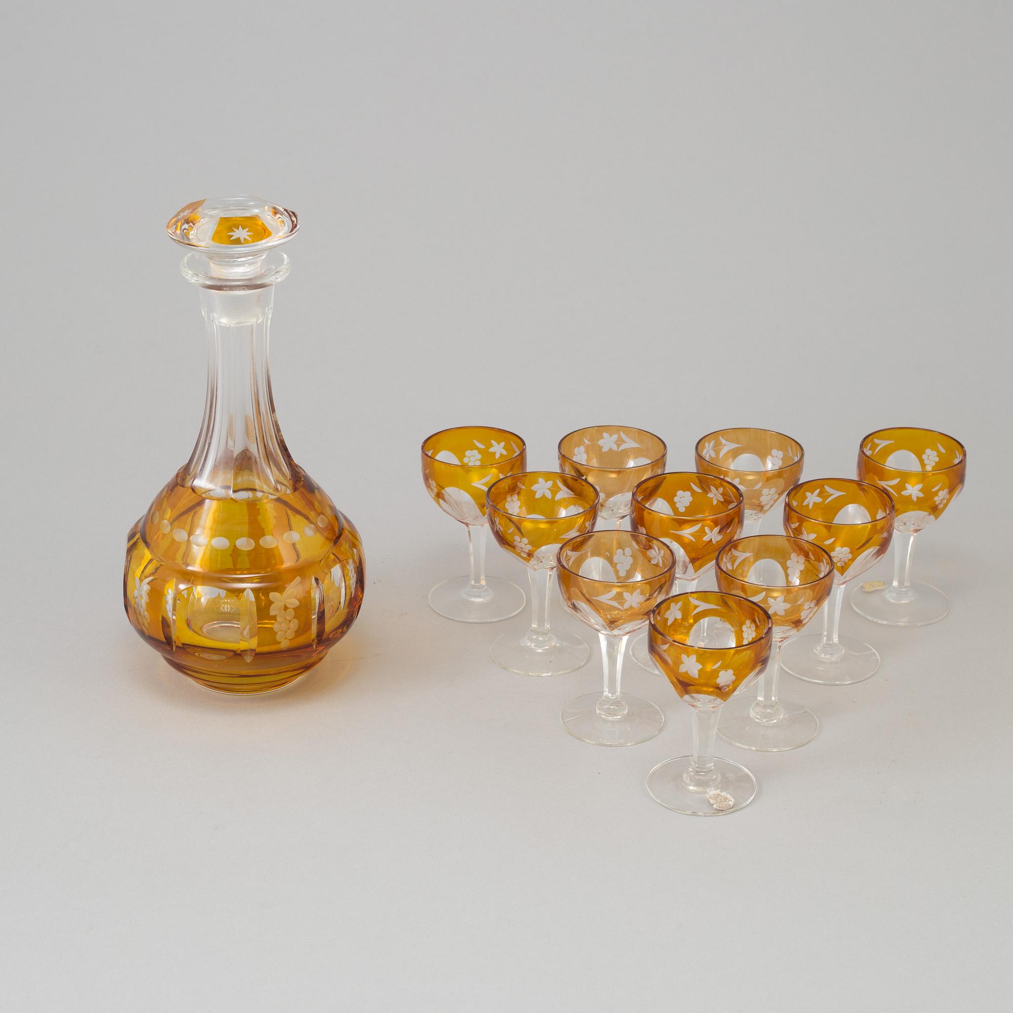 KARAFF samt 10 SHERRYGLAS, Åfors glasbruk, 1940-tal.