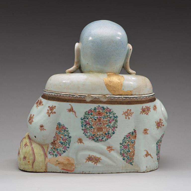 A large famille rose tureen with cover in the shape of Budai, Qing dynastin, Qianlong (1736-95).