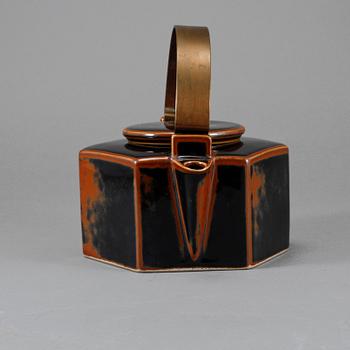 TEKANNA, stengods, Signe Persson Melin, "Six-sided", Rörstrand, signerad, 1900-talets mitt.
