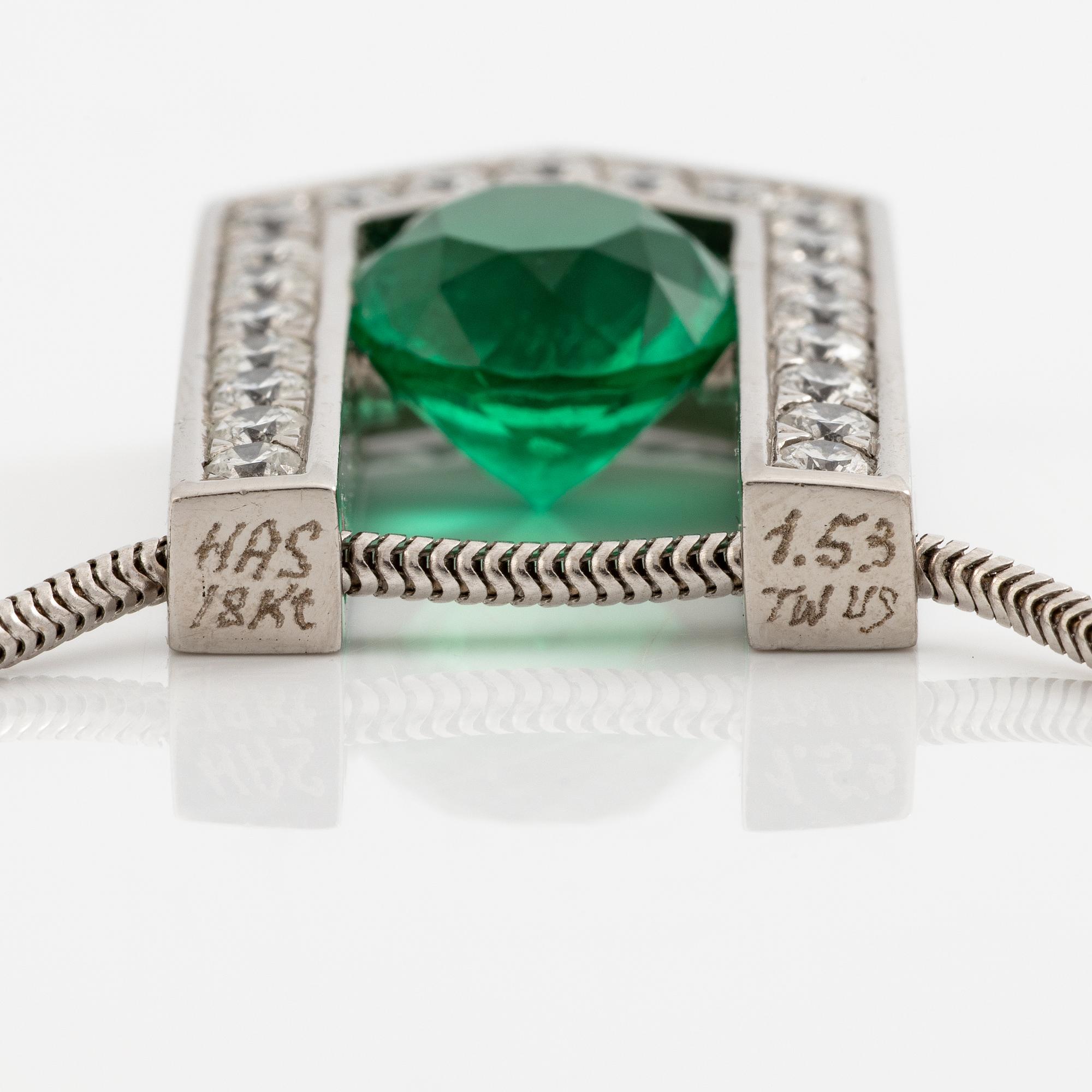 White gold necklace with pendant, 18K white gold set with brilliant-cut diamonds and emerald.