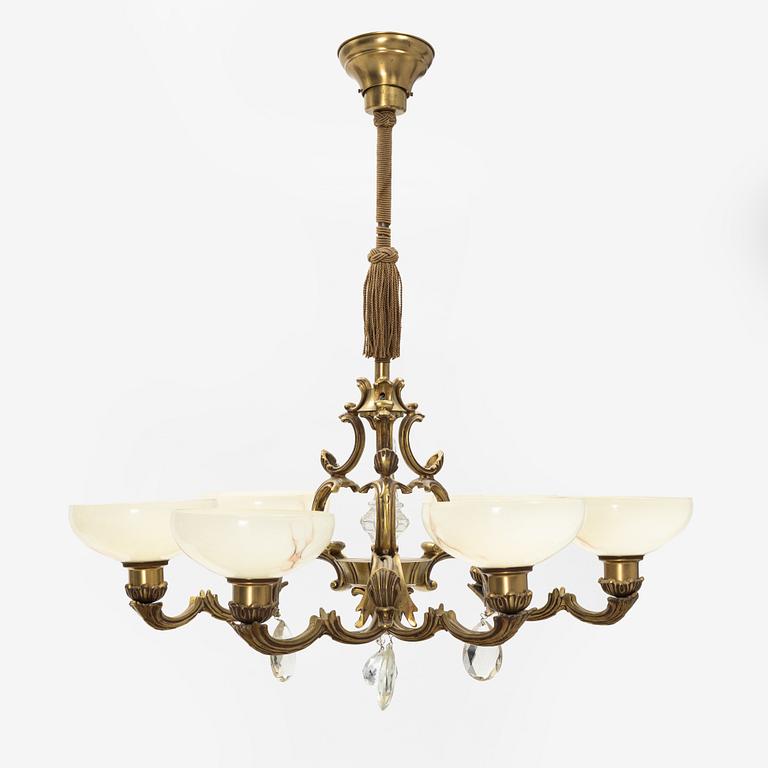 A glass and brass ceiling light, first half of the 20th Century.