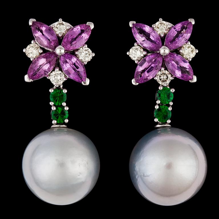 A pair of pink sapphire, tsavorites, brilliant cut diamonds and cultured South sea pearl earrings.