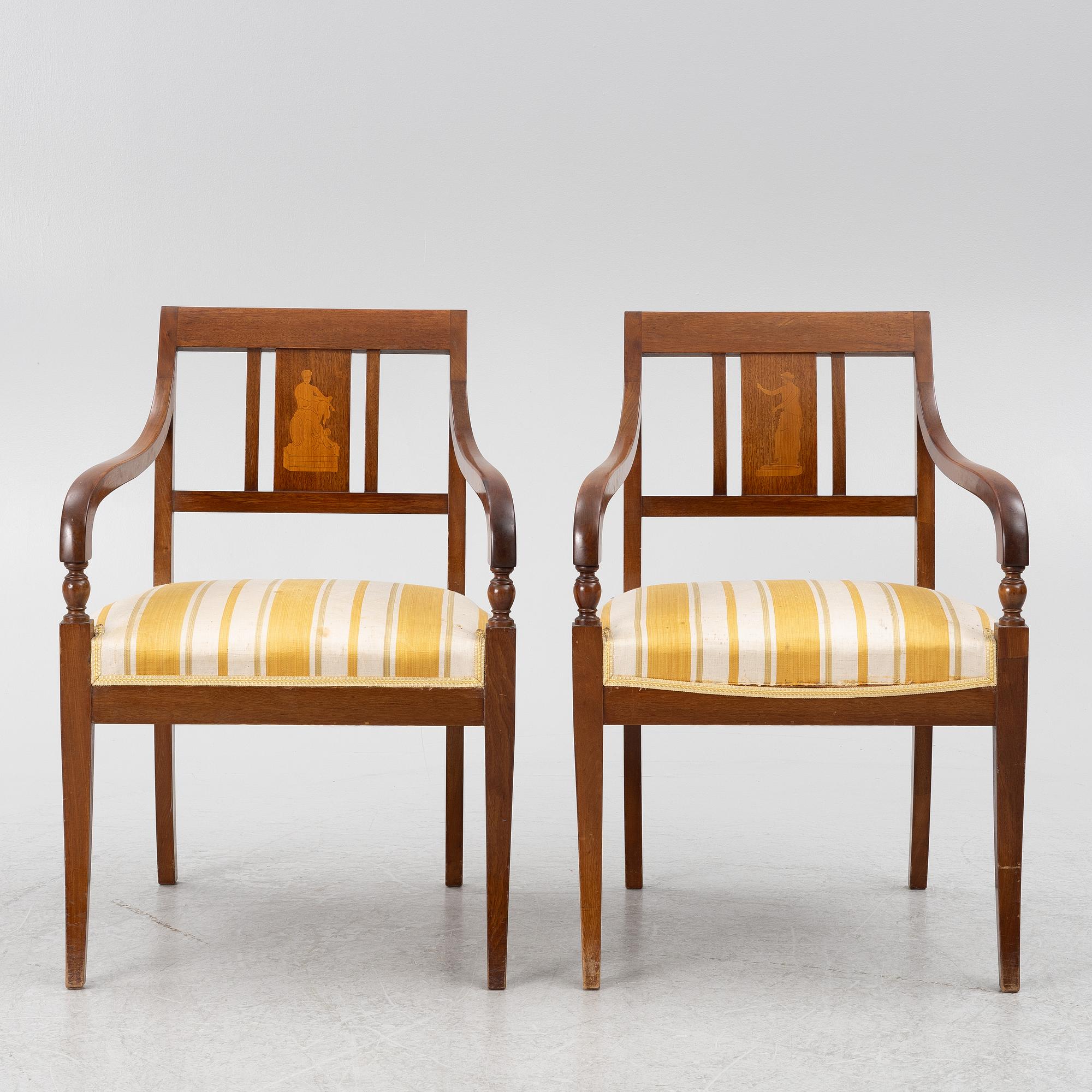 Karmstolar, ett par, empire, Sydsverige, 1800-talets första hälft.