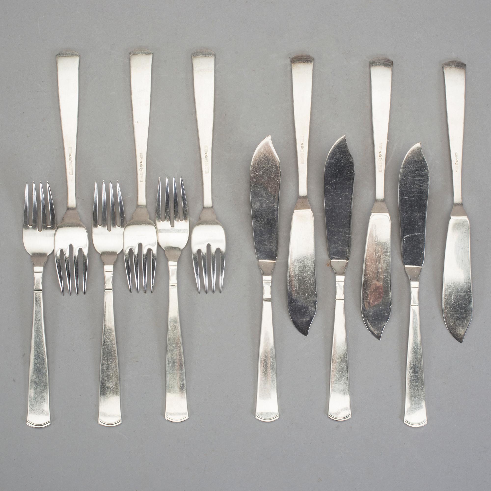 FISKBESTICK, 12 st (6+6), silver, GAB, Stockholm 1956-1964. Total vikt ca 518 g.
