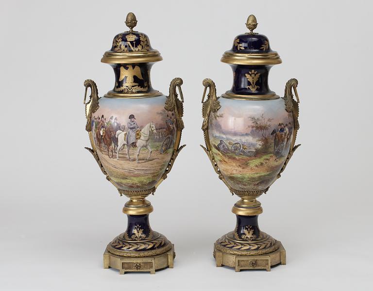 A pair of large bronze mounted vases with covers, France, second half of 19th Century.