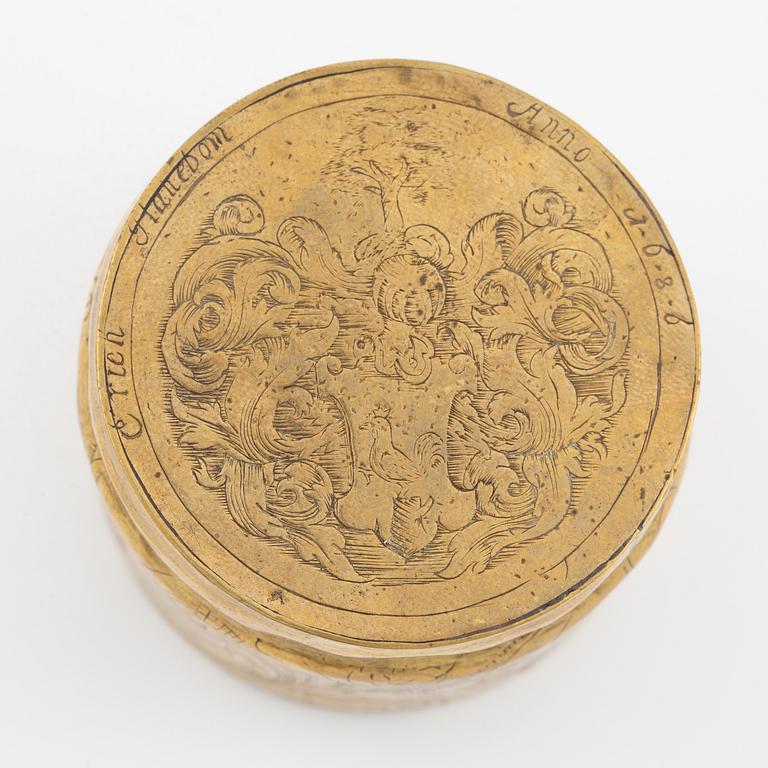 A presumably German baroque brass box, dated 1686.