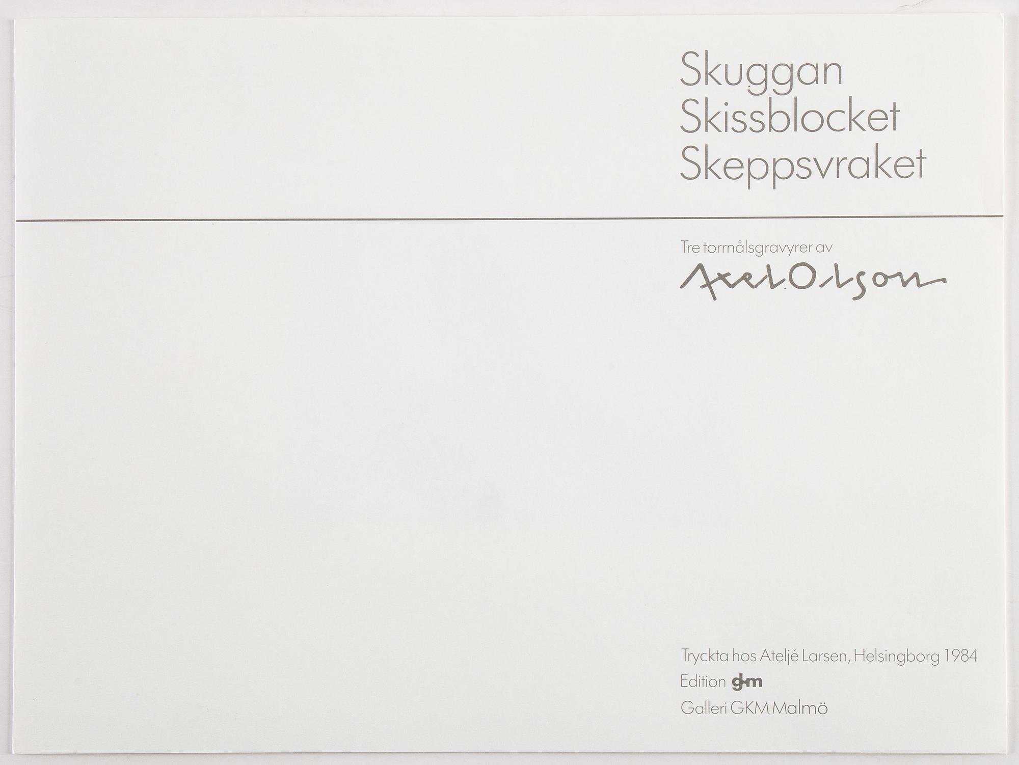 Axel Olson, mapp med tre torrnålsetsningar, 1984, signerade 9/100.