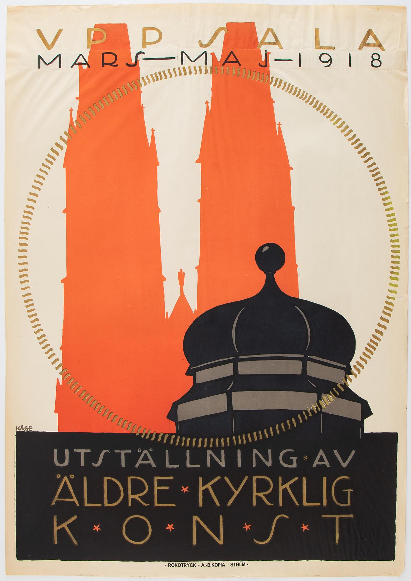 Wilhelm Kåge, a vintage lithographic poster, 'Utställning av Äldre Kyrklig Konst', Rokotryck, A.-B. Kopia, 1918.