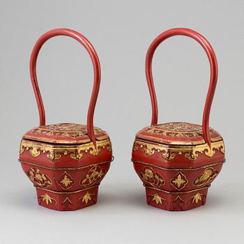 A pair of Chinese red lacquered baskets, early 20th Century.