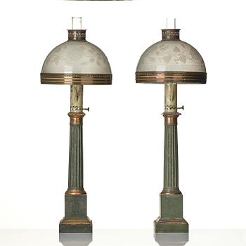 A pair of Empire painted sheet metal carcel oil lamps.