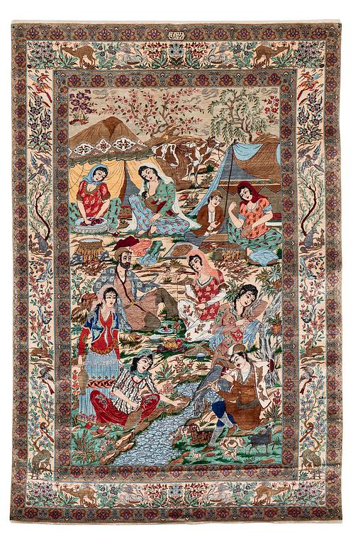 A silk Qum rug, Central Persia, signed, c. 135 x 208 cm.