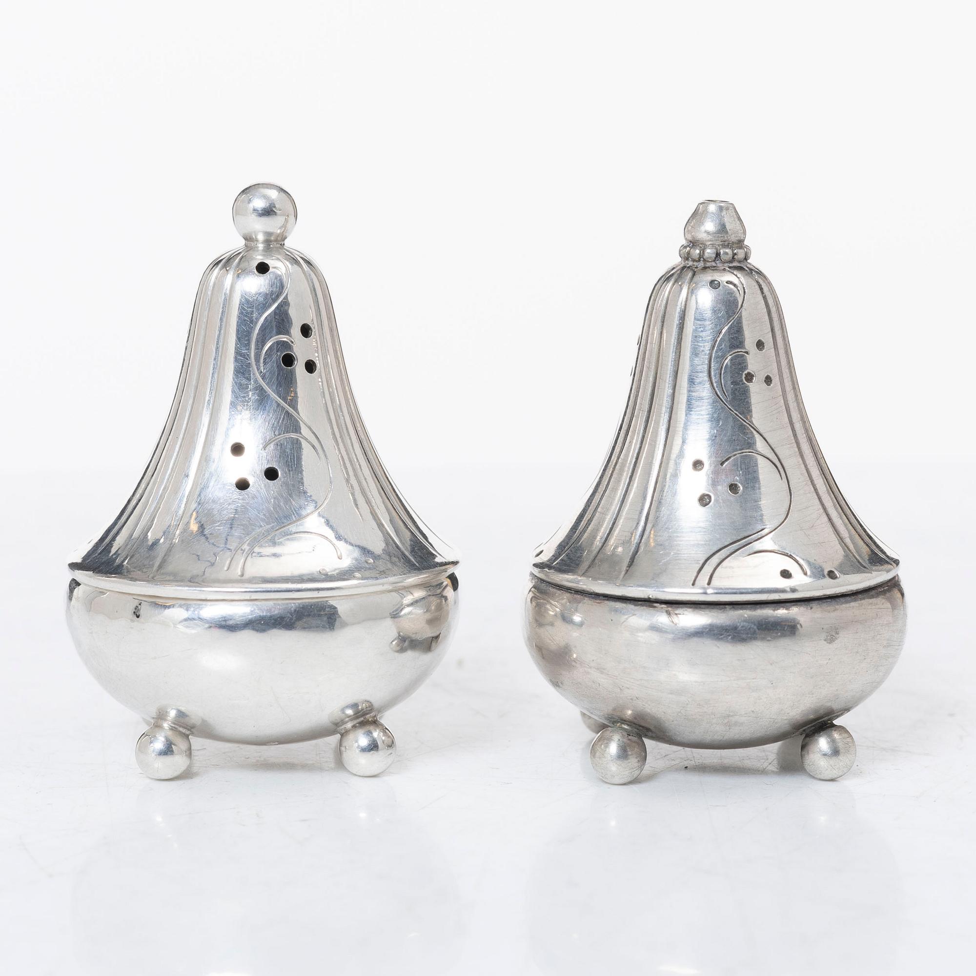 Georg Jensen, salt and pepper shakers, sterling silver, Denmark.