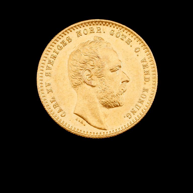 GULDMYNT, Carl XV, 1865. Vikt ca 3 gram.