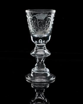 An engraved German wine glass, 18th Century.