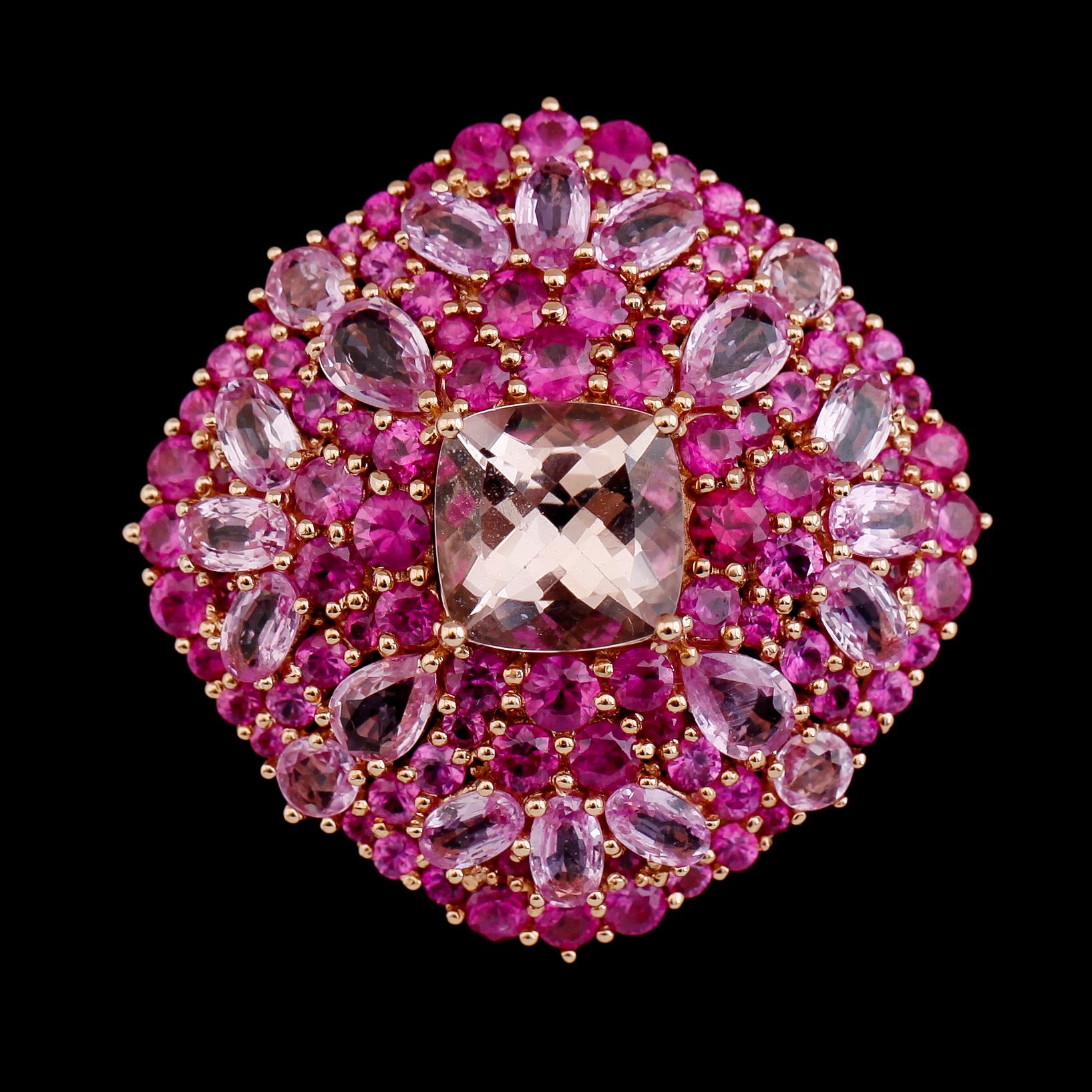 RING, 18 k roséguld, morganiter, rubiner och safirer.