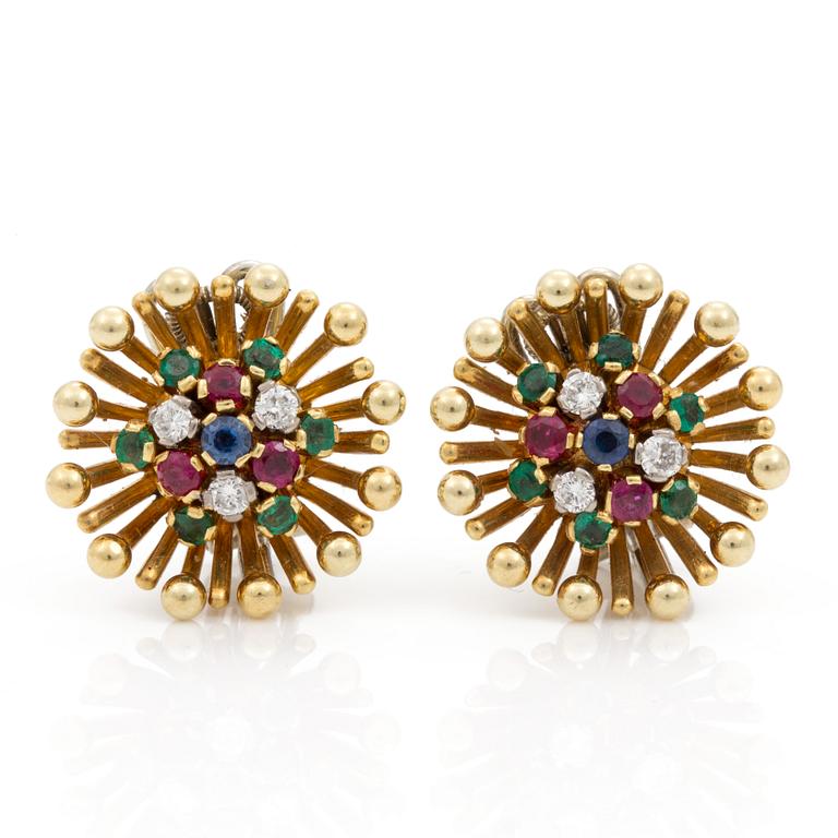 A pair of earrings with brilliant cut diamonds, sapphires, emeralds and rubies.