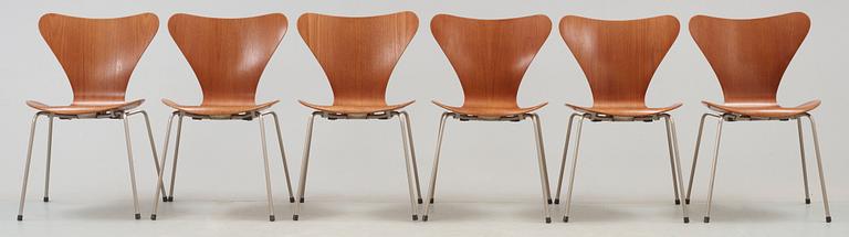 A set of six Arne Jacobsen 'Series 7' teak and steel chairs, Fritz Hansen, Denmark 1950's.