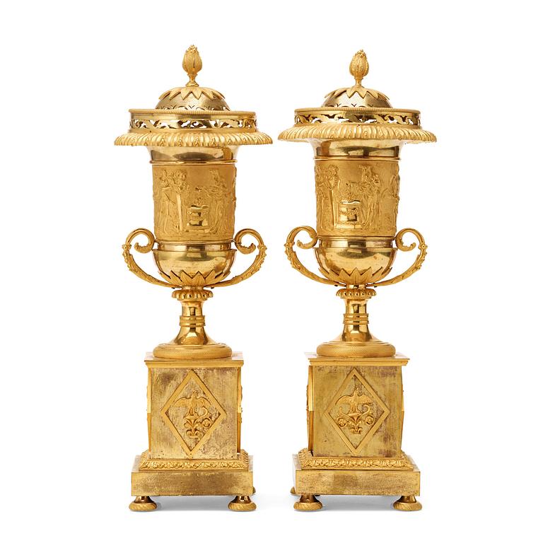 A pair of Louis XVI late 18th century gilt bronze perfume-burners.